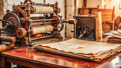 Fototapeta premium Nostalgic Printing Press with Stacks of Paper
