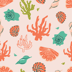 Marine seamless pattern. Underwater world. Shells and corals vector background. 