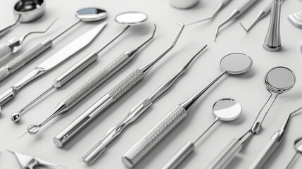 Dental steel instruments on white background