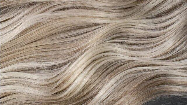 Closeup blond hair texture, slow motion of female hand combing long curly hair