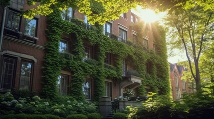 Sunlit Brick Building with Ivy