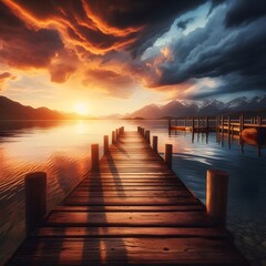 Fototapeta premium lakeside scene during sunset, featuring a wooden pier leading into the calm water with mountains in the background Generated by AI
