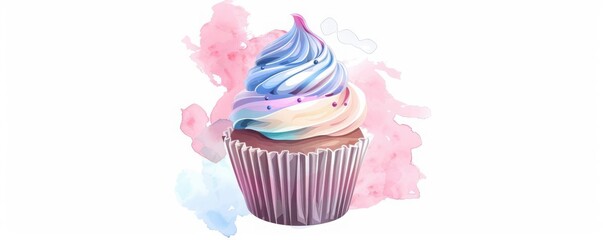 Mystical birthday cupcake, dessert element, pastel illustration, cute, isolated on white background