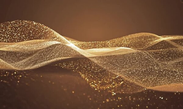 Closeup of smooth, glittering brown waves with a shimmering texture, creating an abstract festive background. Mocha color
