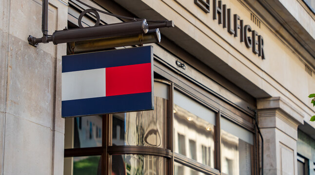 Tommy Hilfiger sign outside a store in London, 16 April 2024, London, UK