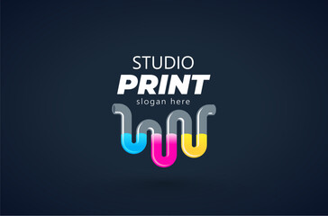 Logo Studio Print СMYK theme. Ink is flowing through the transparent tube. Template design vector. Black background.