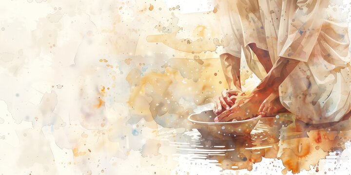 Jesus washing feet illustration on Maundy Holy Thursday. Two figures in religious context, kneeling and standing. Watercolor style with neutral background, beige colors. Dreamy atmosphere.