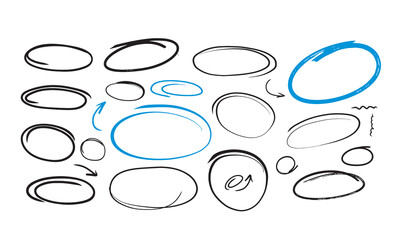 Hand drawn circle highlighter line sketch set. Vector marker circular lines, doodle round circles for message note mark symbol element. Pencil or pen bubble sketch design