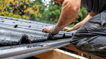 A construction worker installs roofing shingles on a new home.