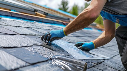 A construction worker installs slate roof tiles on a new home.