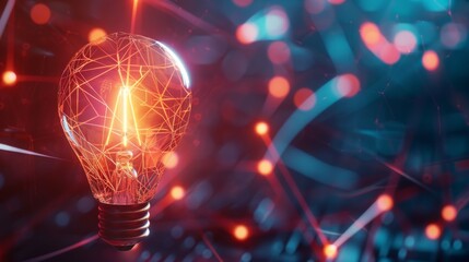3D rendering of a glowing light bulb with a network connection concept on a dark background
