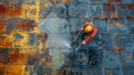 A worker in a red jumpsuit and helmet pressure washes a large, rusty surface.