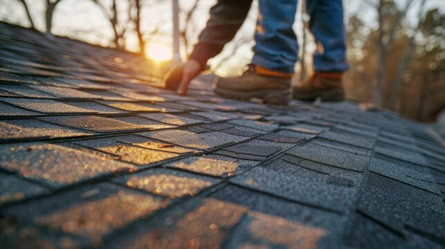 A worker inspects a damaged roof at sunset.  The image highlights the need for roof repair and maintenance.