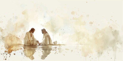 Jesus washing feet illustration on Maundy Holy Thursday. Two figures in religious context, kneeling and standing. Watercolor style with neutral background, beige colors. Dreamy atmosphere.