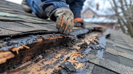 Naklejka premium Close-up of a hand inspecting damaged roof shingles and wood.