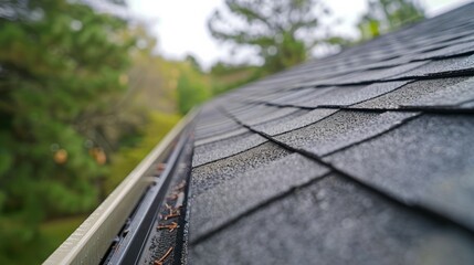 Close-up of a weathered asphalt shingle roof with a gutter.