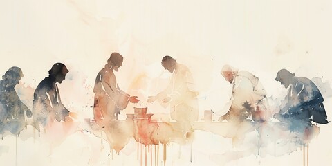Jesus washing feet illustration on Maundy Holy Thursday. Two figures in religious context, kneeling and standing. Watercolor style with neutral background, beige colors. Dreamy atmosphere.