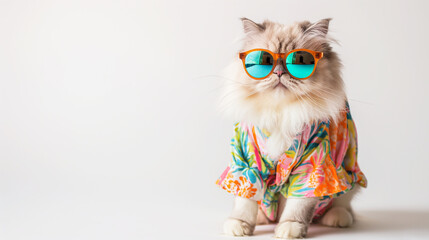 Summer season concept with maltese cat wearing summer cloth and sunglasses on white background, Animal photography