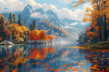 Obraz premium Mountains, lakes, and reflections in autumn