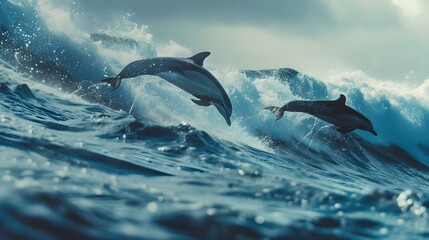 Obraz premium Playful dolphins jumping over breaking waves in Hawaii