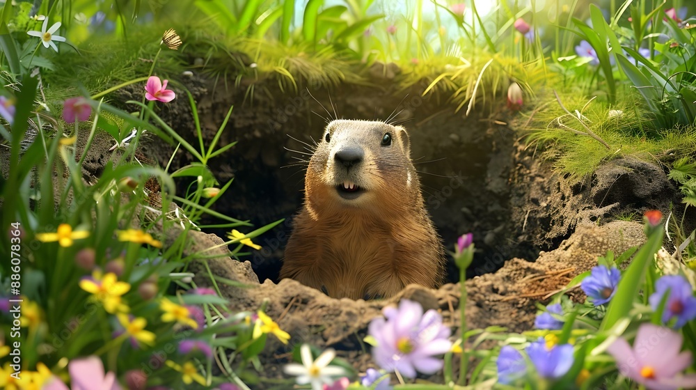 Wall mural adorable smiling groundhog emerging from burrow