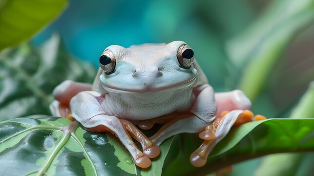 Australian white tree frog on leaves