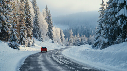 Obraz premium winter scene with snow-covered evergreen trees lining both sides of a winding road. The trees are heavily laden with snow, creating a picturesque white blanket that contrasts with the dark trunks