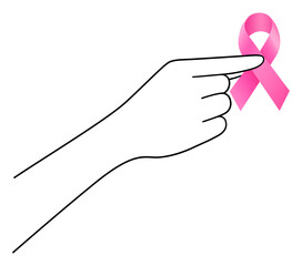 Hand holding pink ribbon. October Breast cancer awareness month. Healthcare and medicine concept.