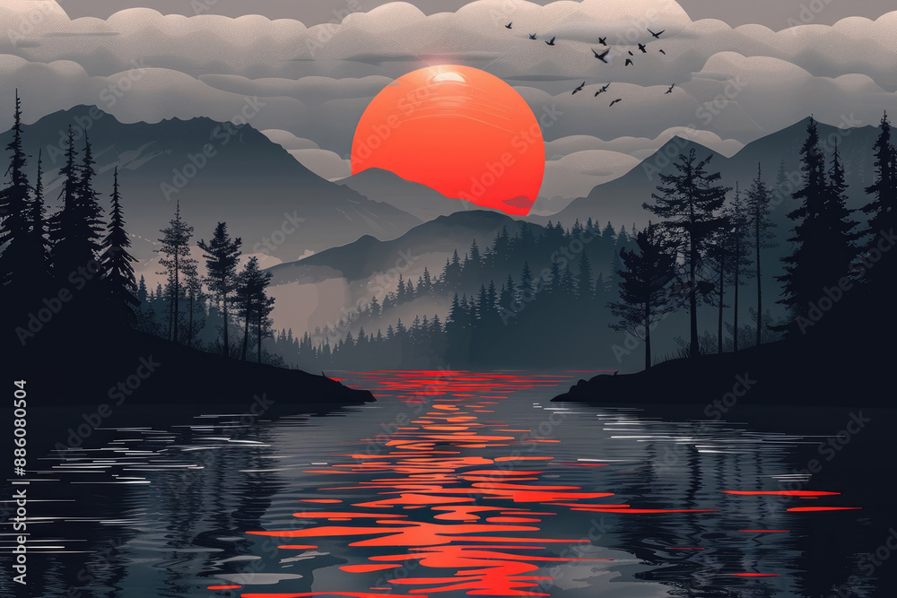 Poster Mountain lakes, rising sun, illustration