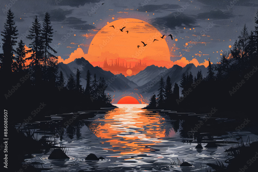 Poster Mountain lakes, rising sun, illustration