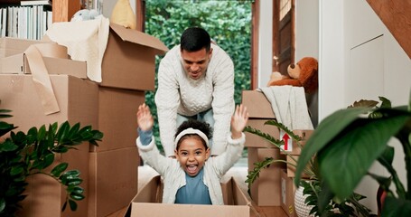 Portrait, father and child with boxes for playful, bonding together and connection with cardboard in house. Family, dad and girl with moving in new home, unpacking and joyful with energy for game