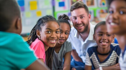 Obraz premium A smiling and motivated group of little students sits near the teacher. Children in elementary school, surrounded by classmates, ask the teacher for an explanation. Education system