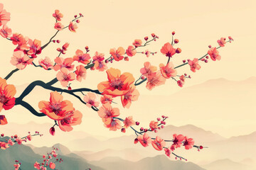 Naklejka premium The sun rises in the mountainous area, red flowers, Chinese painting