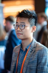 Obraz premium Professional Photography of young Asian entrepreneur attending a tech startup conference, Generative AI