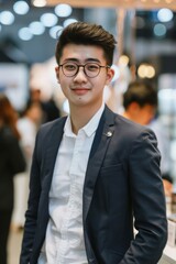 Fototapeta premium Professional Photography of young Asian entrepreneur showcasing products at a trade fair, Generative AI