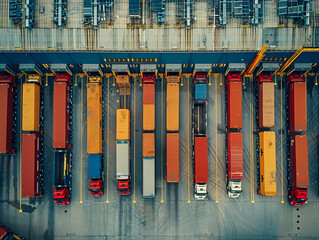Obraz premium Aerial View of Container Trucks Loading at a Cargo Terminal