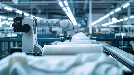 A robotic arm efficiently manages textile processing in a high-tech automated industrial environment.