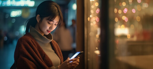 Fototapeta premium AI-Generated Dreamy Photo of an East Asian Person Looking into a Phone: Best-Selling Adobe Stock Image for Modern, Stylish, and Engaging Visual Presentations Relaxed, Casual, Trendsetting