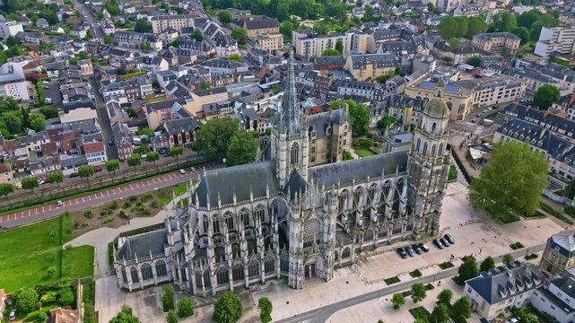 Evreux Cathedral, Normandy in France. Aerial drone descending tilt up