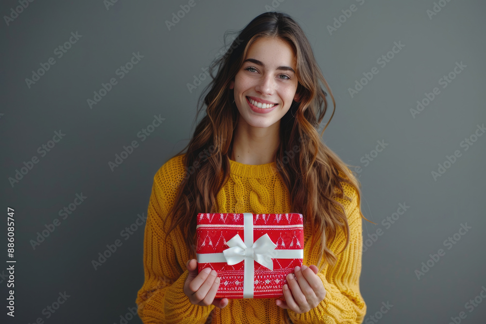 Wall mural The woman holding the red gift box