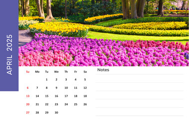 Set of horizontal flip calendars with amazing landscapes and place for notes. April 2025. Blooming colorful flowers in Keukenhof park. Splendid spring view of Netherlands, Europe.