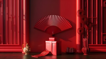 Create a 3D model featuring a red package with a background of a red Chinese ancient fan, emphasizing the elegance and tradition of Chinese art