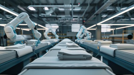 Robotic arms efficiently handle linen in a highly automated textile production line.