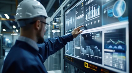 A professional engineer touches a digital display showing real-time statistics and controls in a high-tech manufacturing environment.