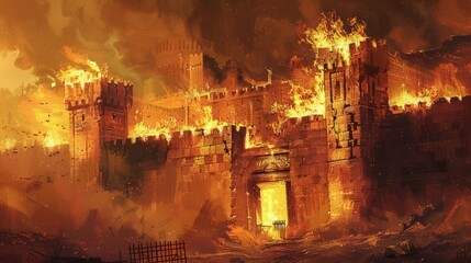Fototapeta premium Tisha b'av painting jewish religious holiday burning ruined castle illustration 