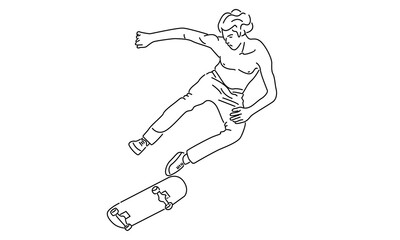 line art of man riding skate and performing jump trick