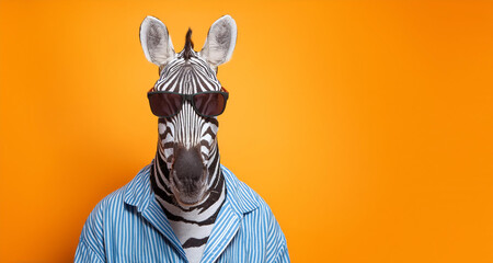 a stylish zebra wearing sunglasses and summer shirt on color background, animal funny pop art.