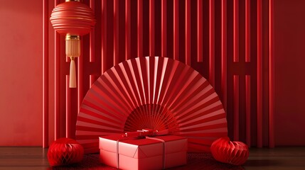 Design a 3D rendering of a red package with an ornate red Chinese ancient fan in the background, showcasing the fusion of contemporary and traditional styles
