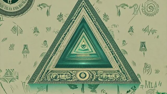 Pushing towards the pyramid on a fake bill of currency which turns into a tunnel towards an Illuminati eye.