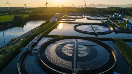 Aerial view of a water treatment facility at sunset, highlighting the plant's modern infrastructure.